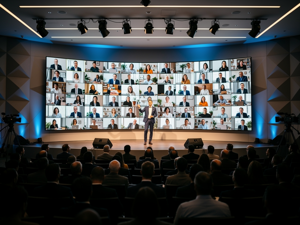 A large corporate town hall event in a modern auditorium with a presenter on stage gesturing toward a massive LED video wall displaying remote participants, professional stage lighting creating dramatic shadows