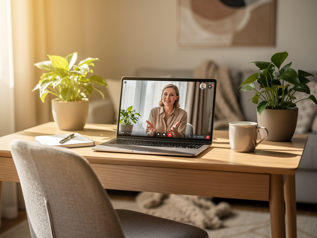 A laptop screen showing a video therapy session in progress, set up on a home desk with a comfortable chair, houseplants, and soft lighting creating a professional yet welcoming remote therapy environment