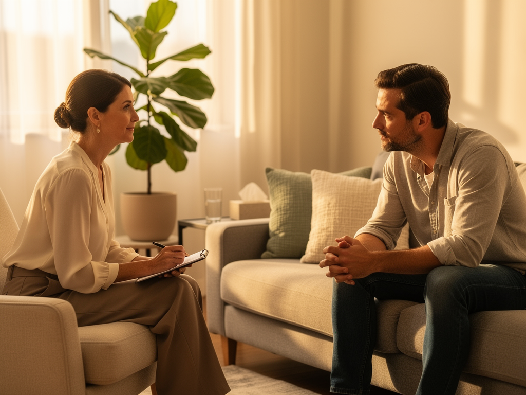 A therapy session in progress showing a client and therapist sitting across from each other in a comfortable, modern counselling room. The therapist holds a notepad whilst the client appears engaged in thoughtful discussion. Warm, natural lighting from a nearby window creates an atmosphere of safety and openness.