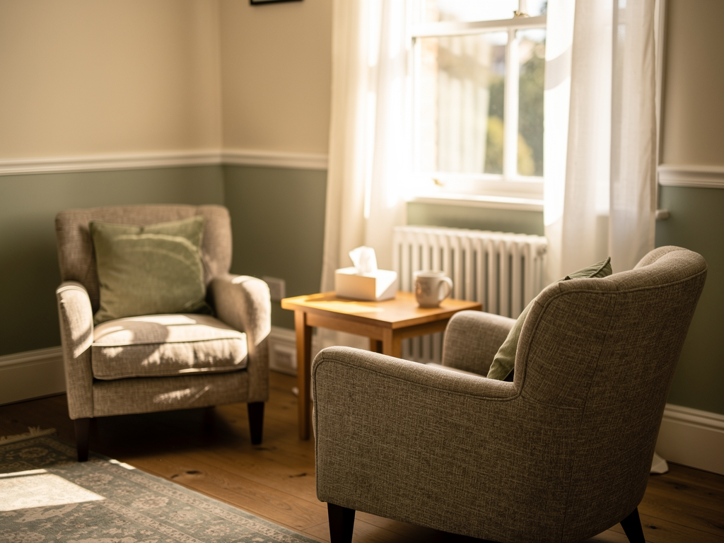 A warm, naturally lit therapy room in a British setting with two comfortable armchairs positioned facing each other, soft neutral tones on the walls, a small side table with a tissue box, and afternoon sunlight streaming through a window with sheer curtains, conveying a sense of safety and professional calm