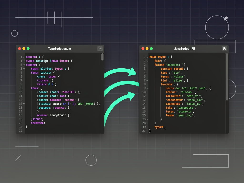 Side-by-side comparison infographic showing TypeScript enum source code on the left and the compiled JavaScript IIFE output on the right, with arrows indicating the transformation process, using a clean code editor aesthetic with syntax highlighting