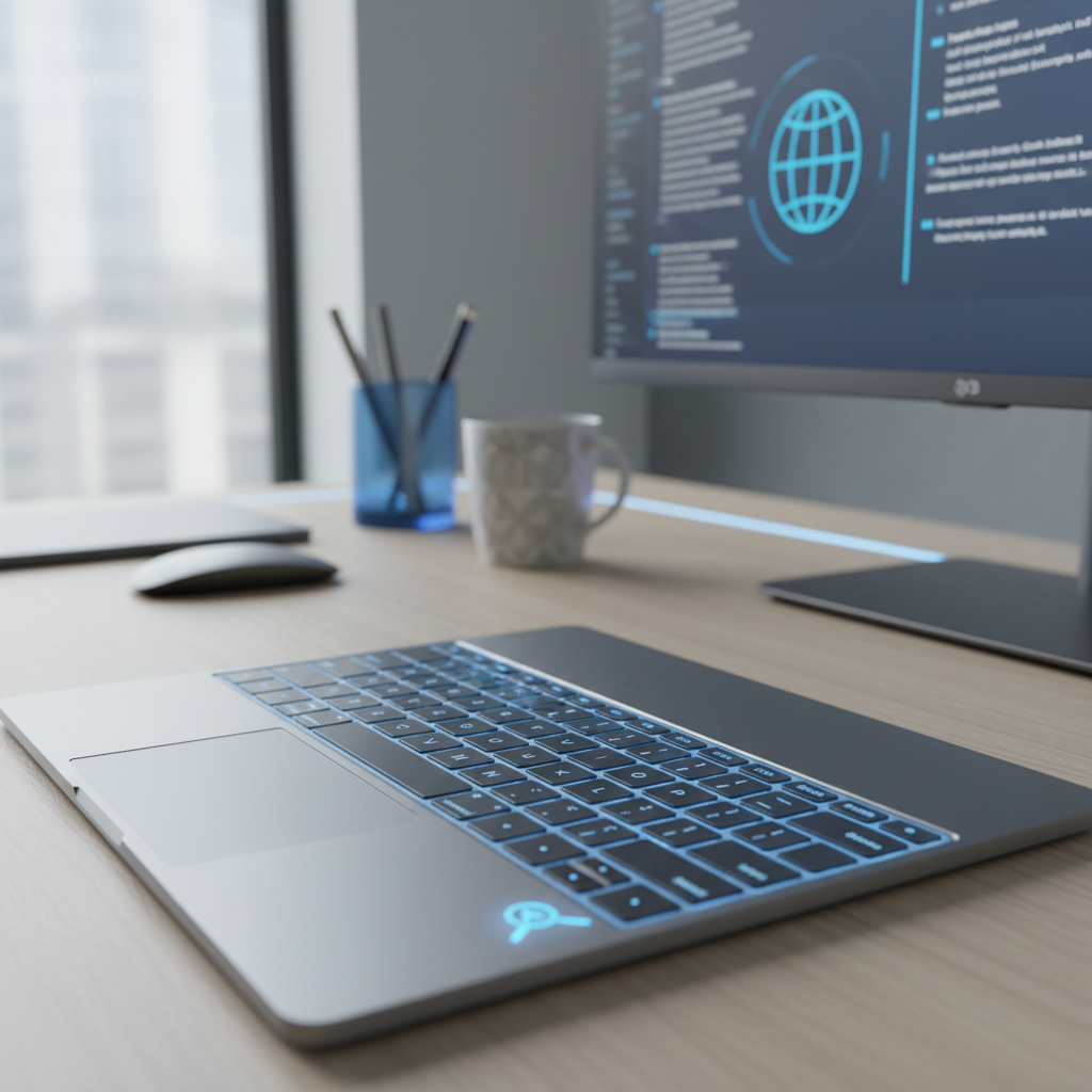 A close-up, eye-level shot of a sleek, modern laptop keyboard with a glowing, translucent blue overlay highlighting several keys, suggesting active grammar correction and AI assistance, set in a clean, professional home office environment with soft, ambient lighting, a cool blue and silver color palette, conveying a mood of efficiency and advanced technology, in a photorealistic editorial photograph style.