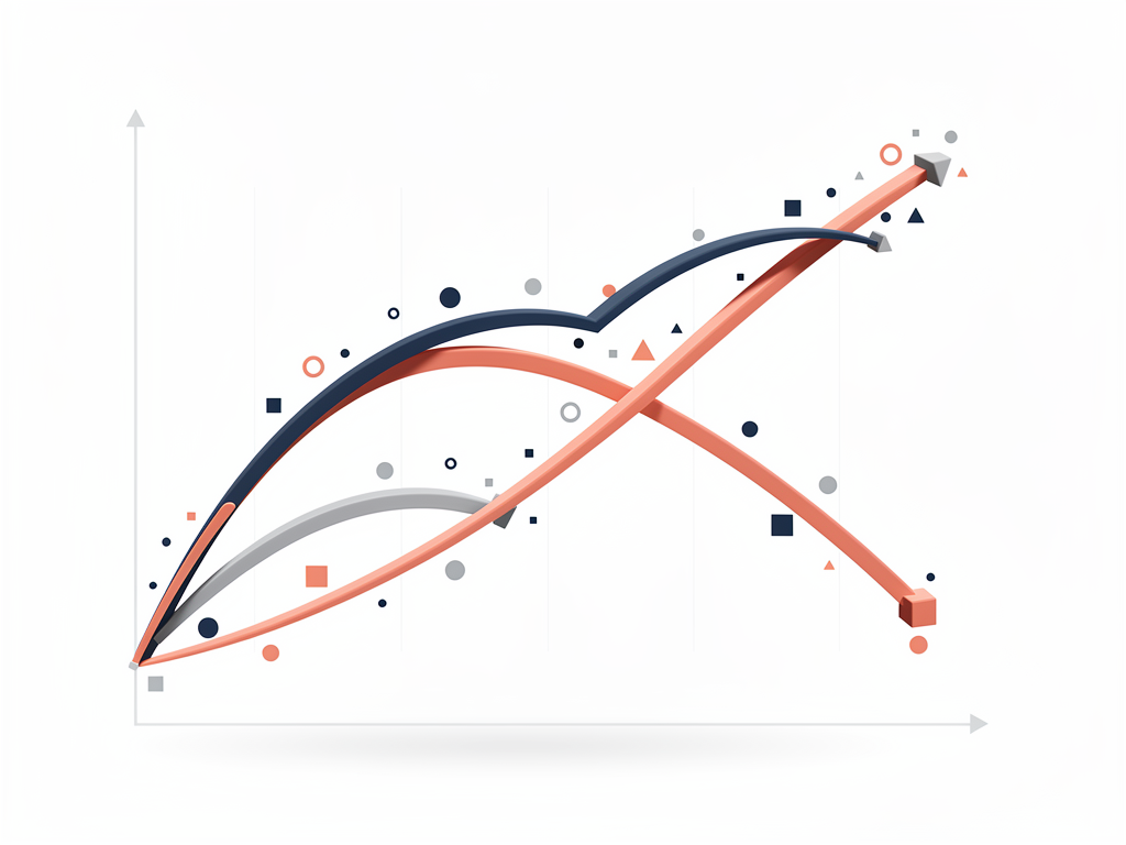 Line graph visualization showing content decay curve over 24 months, with traffic starting high after publication, plateauing around month 6, then steadily declining through month 24, displayed on a clean white background with blue and orange data lines representing traditional search traffic versus AI visibility