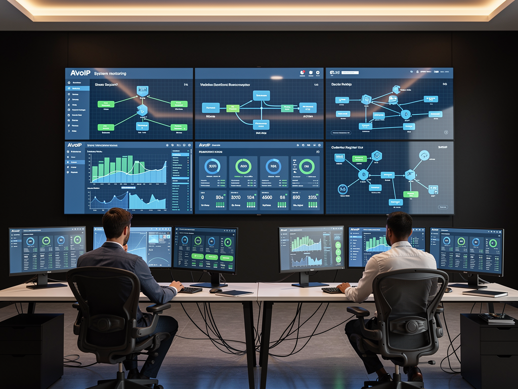 Wide view of a network operations center with multiple large displays showing AVoIP system status dashboards, device health indicators, and network topology maps, operators seated at workstations monitoring the enterprise multimedia infrastructure