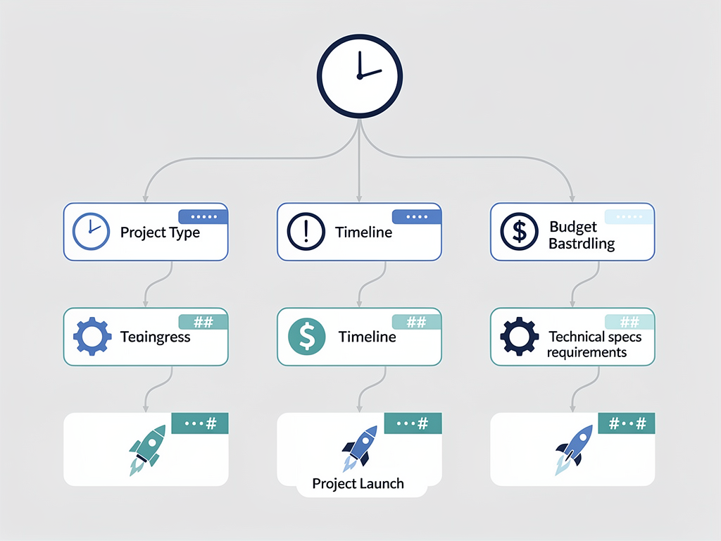 Decision flowchart for selecting a SaaS boilerplate with branching paths based on project type, budget, timeline, and technical requirements, clean infographic style with icons representing each decision point