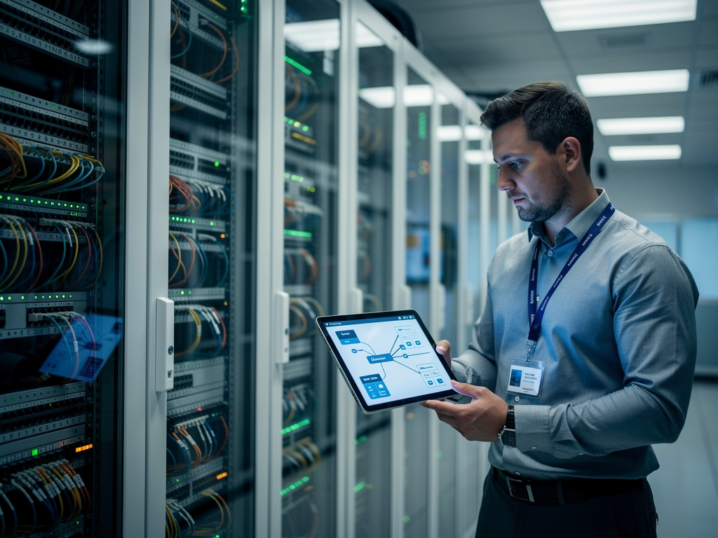 An AV technician examining network switch port configurations in a server room, holding a tablet displaying network topology diagrams, overhead fluorescent lighting creating a technical atmosphere, cables neatly organized in background racks