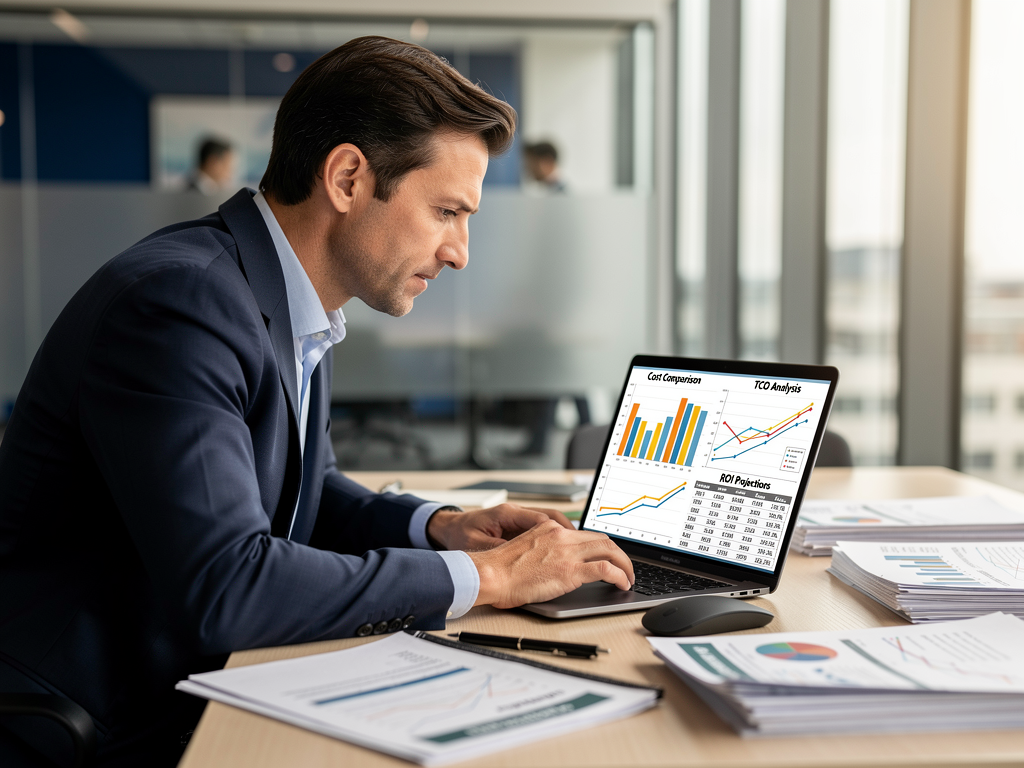 Financial analyst reviewing AVoIP deployment cost comparison spreadsheet on laptop in modern office, charts showing TCO analysis and ROI projections visible on screen, professional business attire, organized desk with financial reports