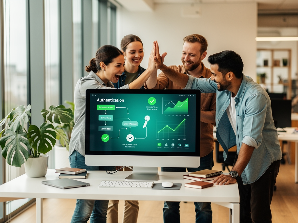 Successful SaaS application launch celebration showing a team of developers viewing their analytics dashboard with growing user numbers, authentication working smoothly, and positive user feedback displayed on multiple screens in a modern startup office with natural lighting and plants