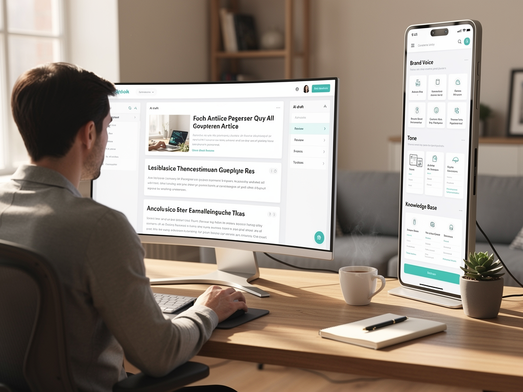 A professional workspace showing a content strategist reviewing AI-generated articles on a large monitor, with a secondary screen displaying knowledge base documents and brand guidelines. The scene conveys the human oversight element within an automated workflow, with natural lighting and organized desk accessories.