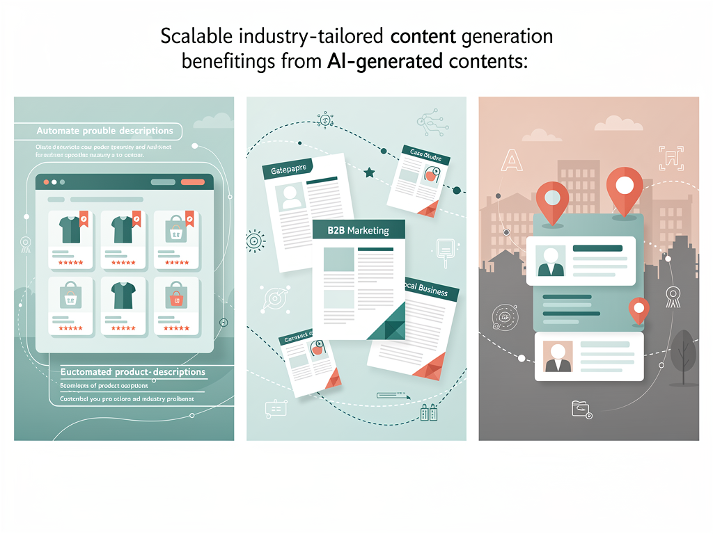 Three-panel illustration showing AI content applications across different industries: e-commerce product pages with shopping cart icons, B2B whitepaper and case study documents, and local business location pages with map markers, cohesive visual style with industry-appropriate color schemes