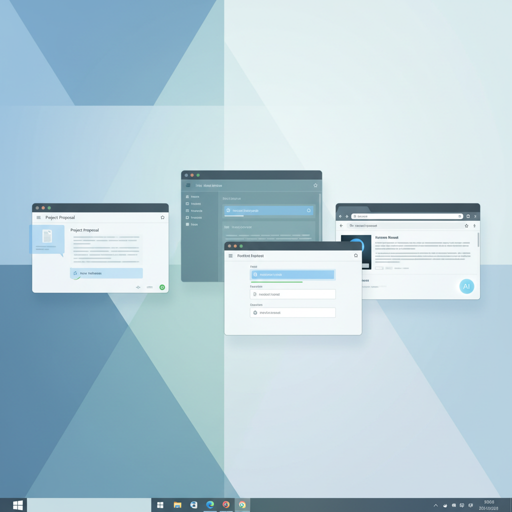 A futuristic, clean Windows desktop interface showing various productivity applications open, with subtle AI writing assistance overlays seamlessly integrated