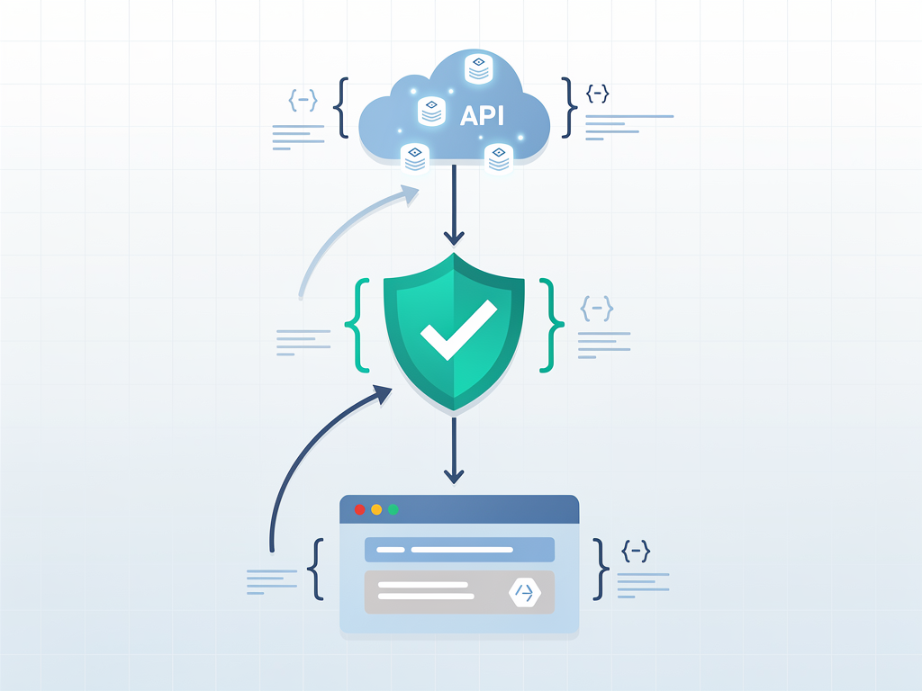 Flowchart diagram showing data flow in a TypeScript SaaS application from API response through type validation to component rendering, with type annotations shown at each step using clean iconography and directional arrows