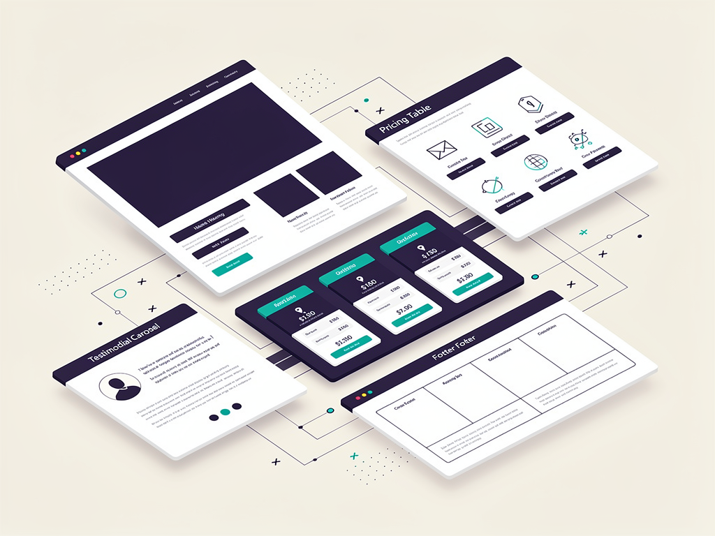 Collection of SaaS landing page component examples including hero section, feature grid, pricing table, testimonial carousel, and footer, arranged in a grid layout showing design variety, modern clean aesthetic with consistent color scheme
