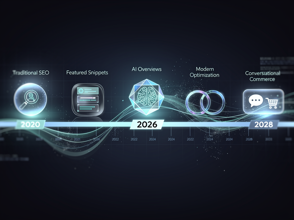 A timeline visualization showing the evolution of search from 2020 traditional SEO through 2023 featured snippets era, 2024 AI Overviews introduction, 2026 current dual-surface optimization, and projected 2028 conversational commerce integration. Each era shows key characteristics and optimization priorities with connecting arrows indicating progression. The design uses a horizontal timeline format with milestone markers and descriptive text boxes, rendered in a professional blue and white color scheme.