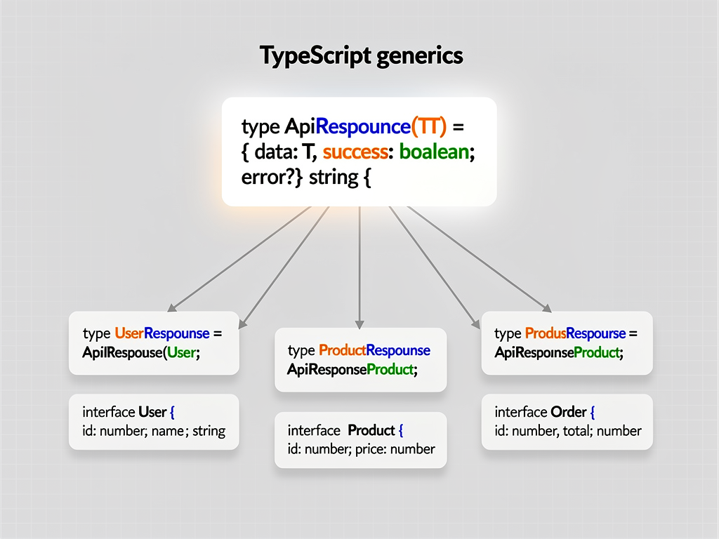 Code visualization showing generic type definition expanding into multiple concrete implementations, with arrows indicating type parameter substitution, clean infographic style with syntax highlighting colors on neutral background