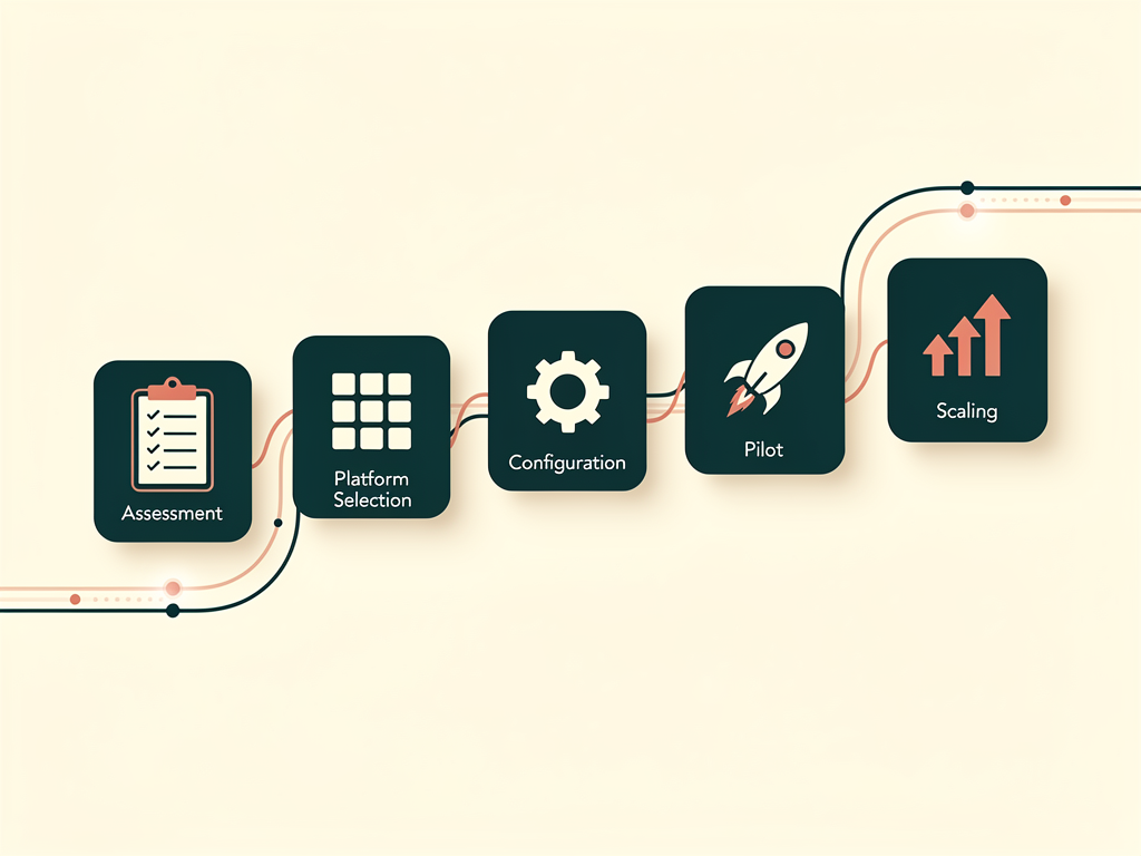 A step-by-step implementation roadmap showing the progression from initial assessment through platform selection, configuration, pilot program, and scaling, with timeline indicators and key milestone markers, presented as a horizontal process flow with detailed annotations for each phase