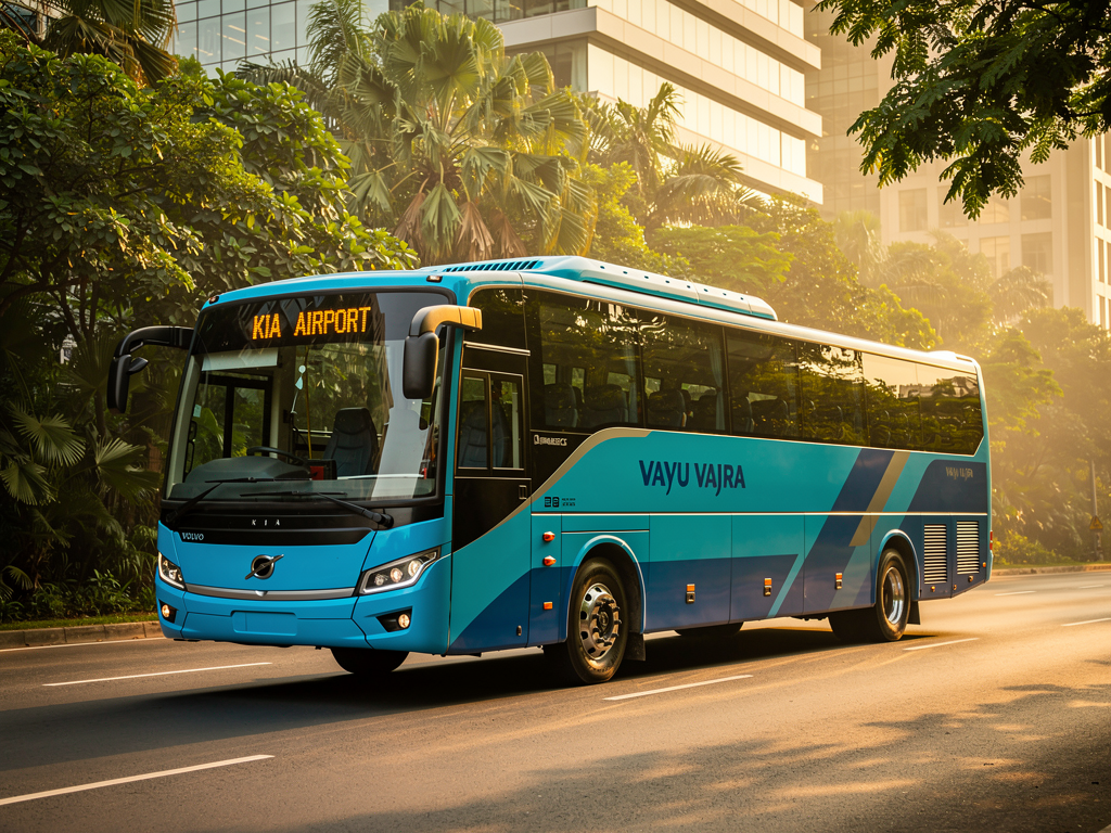 A BMTC Vayu Vajra Volvo bus in cyan-blue livery traveling along a tree-lined Whitefield road during early morning hours, with soft golden sunlight illuminating the bus exterior and destination display showing airport route information