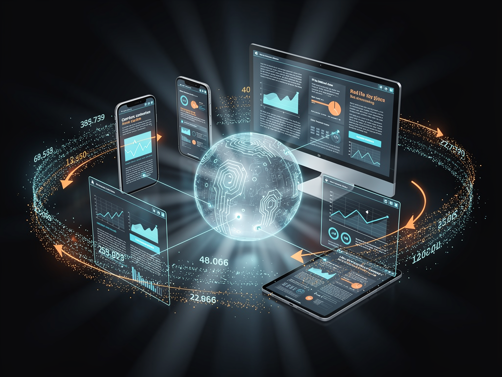 Futuristic visualization of AI-powered content optimization showing real-time performance data flowing into content adaptation systems, with multiple device types displaying personalized content variations