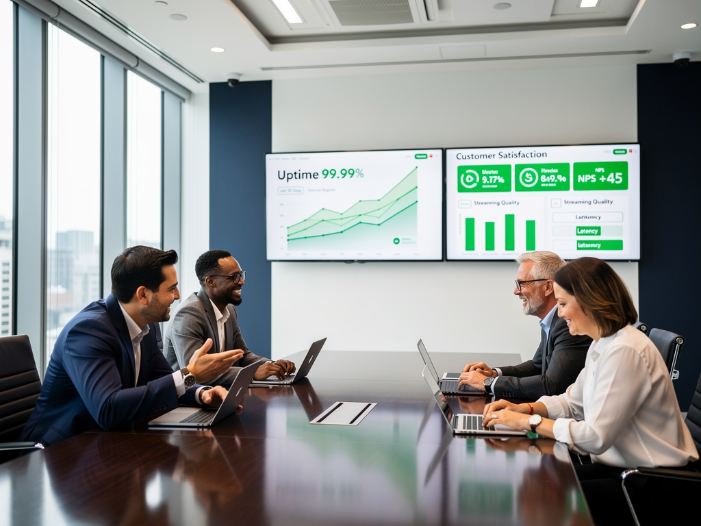 A satisfied executive team reviewing the completed AVoIP system performance metrics in a boardroom. Large displays show system uptime statistics and user satisfaction scores. The professional setting conveys successful project completion with stakeholders expressing approval.