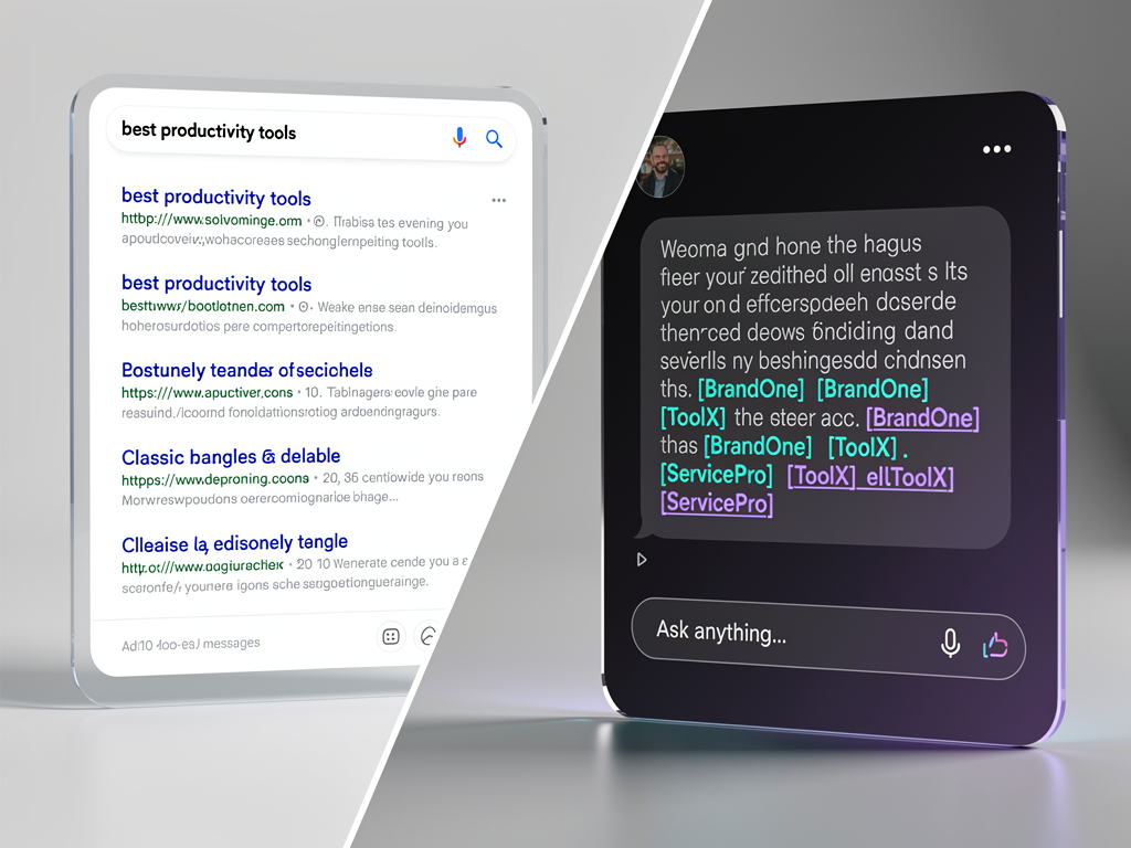 Split-screen comparison showing traditional Google search results with blue links on the left side and a ChatGPT conversation interface displaying a synthesized answer with brand citations on the right side, illustrating the visual difference between search paradigms