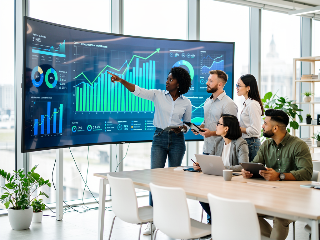Modern content marketing team collaborating around a large digital display showing AI-powered content analytics dashboard, bright office environment with natural lighting, diverse group of professionals reviewing SEO metrics and article performance data