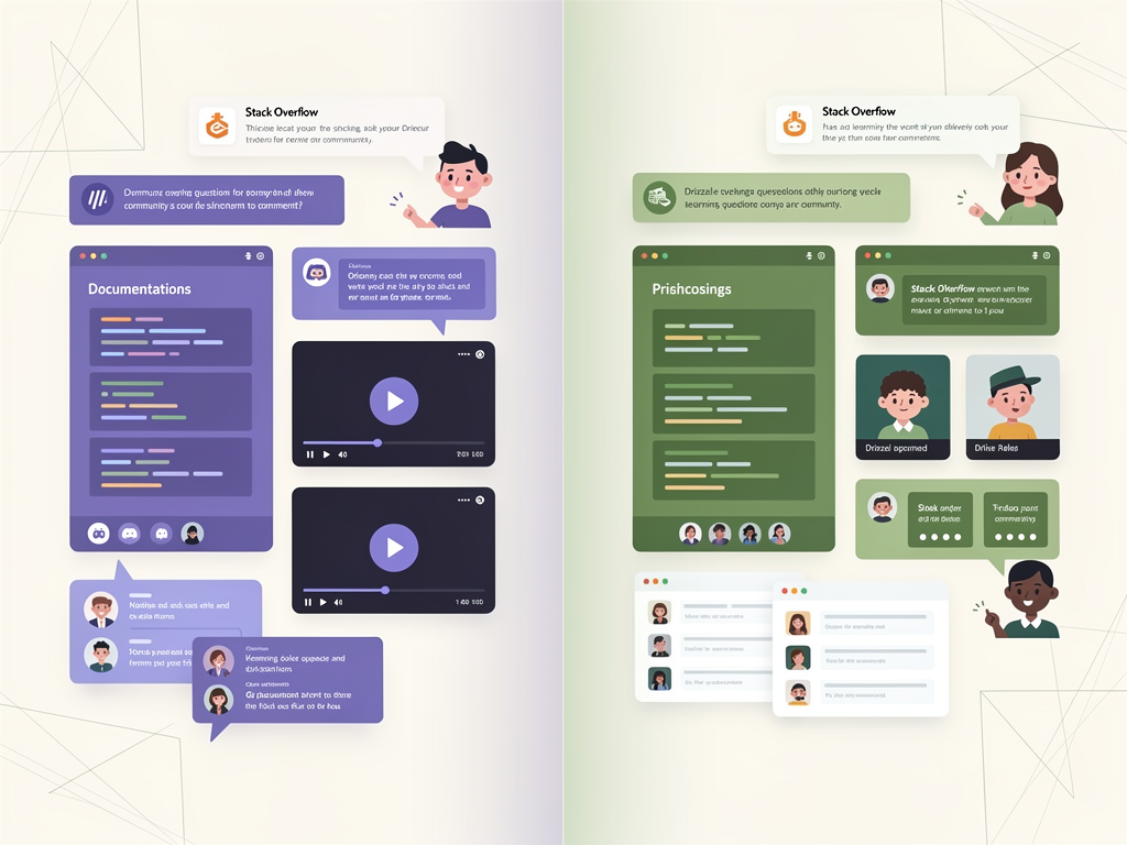 Collage showing various learning resources including documentation websites, YouTube video thumbnails, Discord server interfaces, and Stack Overflow question pages for both Prisma and Drizzle, arranged in a grid layout with resource type labels and community activity indicators