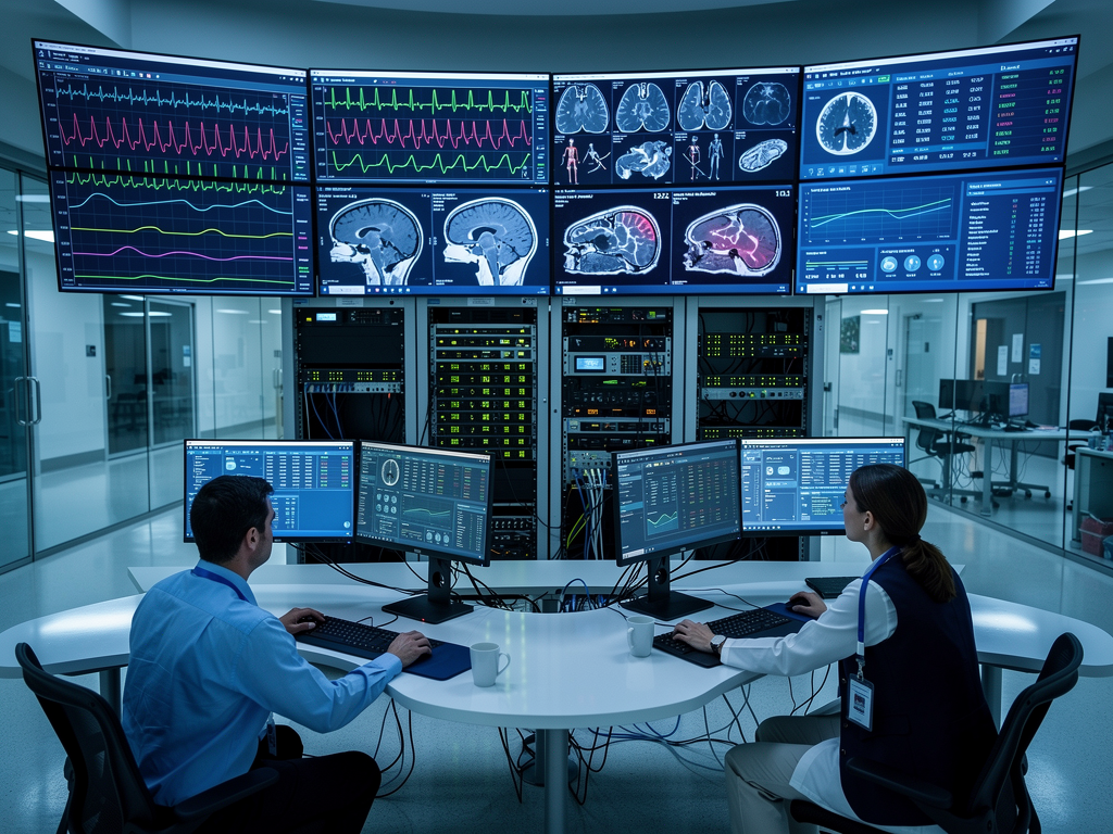 A modern hospital command center with multiple large displays showing patient monitoring data and medical imaging, blue ambient lighting reflecting off glass surfaces, technicians monitoring systems at workstations with redundant network switches visible in background equipment racks