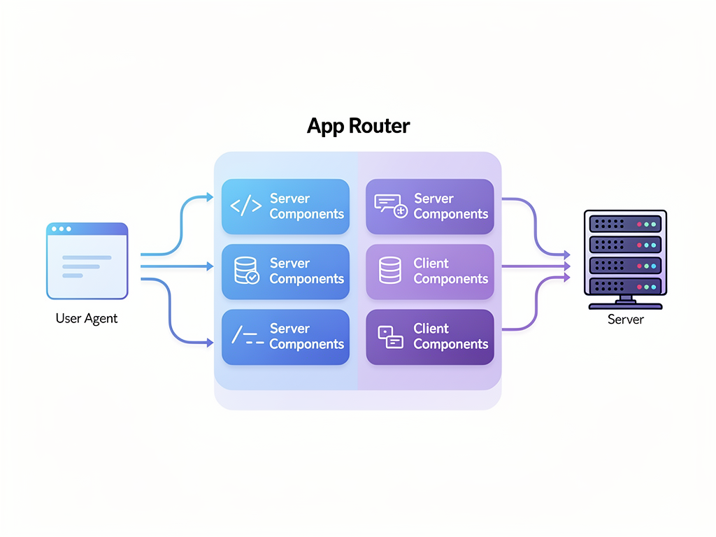 Diagram illustrating the Next.js App Router architecture with server components, client components, and server actions flowing between browser and server, clean technical illustration style with blue and purple gradient colors, white background