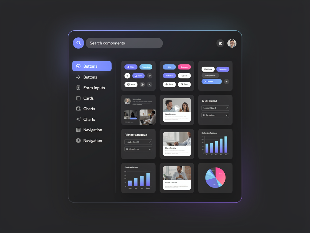 Component library panel showing categorized UI elements including buttons, forms, cards, and charts, with preview thumbnails for each component and a search bar at the top, displayed in a modern dark theme interface