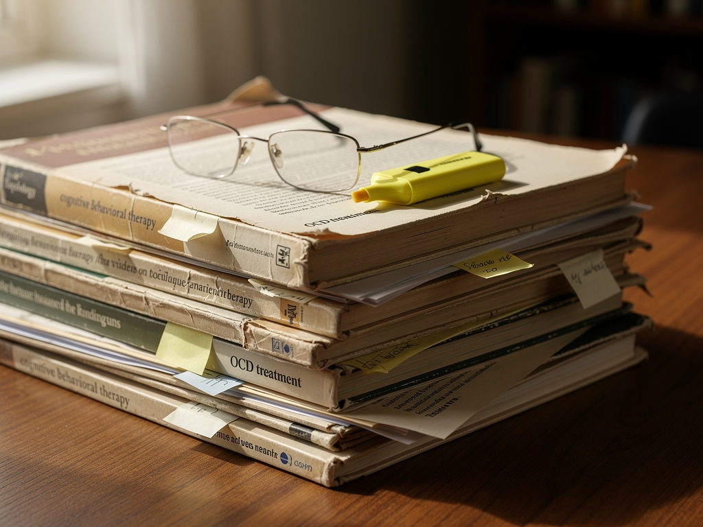 A stack of academic journals and research papers on a wooden desk alongside reading glasses and a highlighter, suggesting scholarly review of evidence-based psychological research