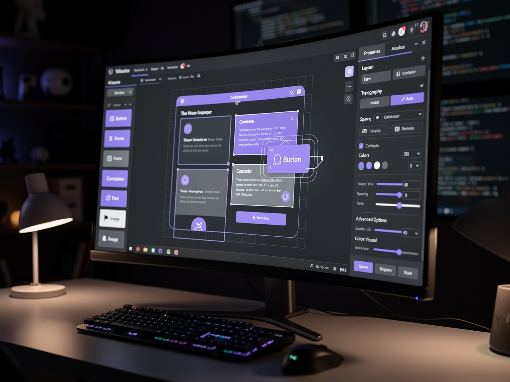Modern dashboard interface showing a visual no-code application builder with drag-and-drop components on the left sidebar, a central canvas displaying a partially built web application, and property panels on the right, all rendered in a clean dark theme with purple accent colors typical of developer tools