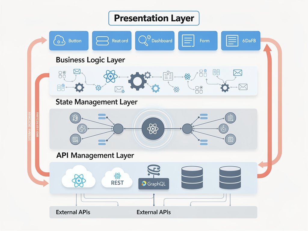 Architecture diagram showing a scalable React SaaS application structure with layers for presentation, business logic, state management, and API integration, connected by arrows showing data flow in a clean technical illustration style