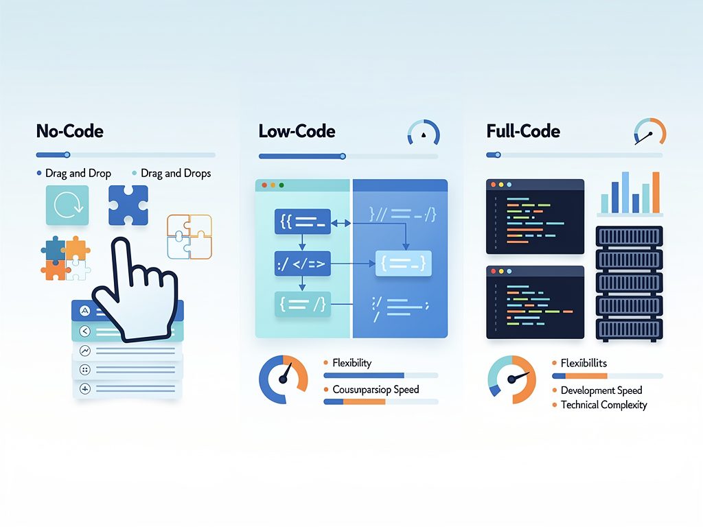 Comparison infographic showing the spectrum from no-code platforms through low-code solutions to full-code starter kits, with icons indicating flexibility, speed, and technical requirements at each level