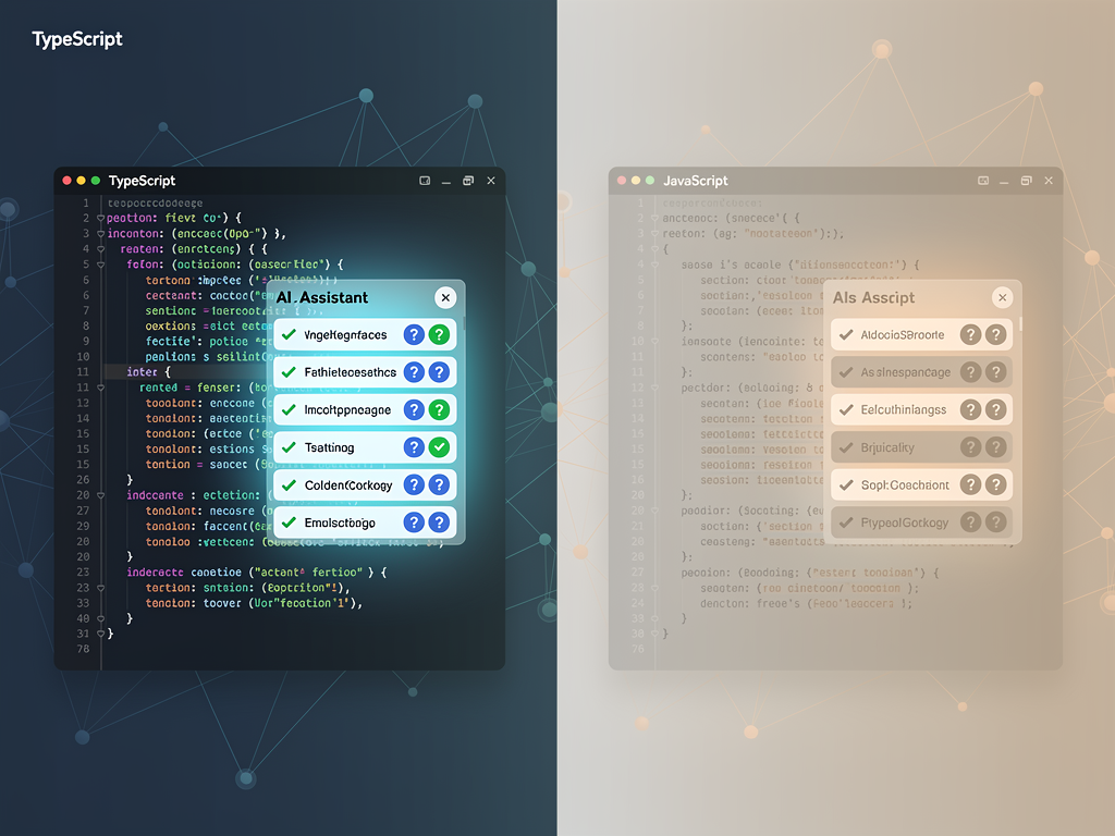 Split screen visualization showing an AI coding assistant providing suggestions for TypeScript code on one side with accurate type-aware completions, and struggling with untyped JavaScript on the other side with generic suggestions
