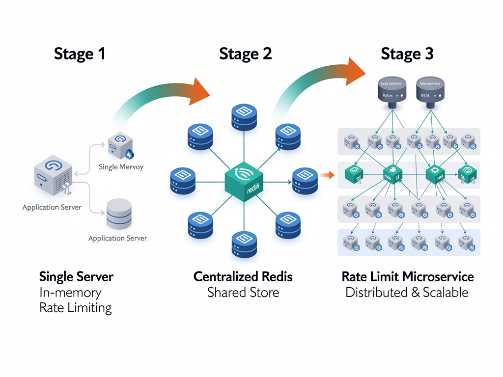 System architecture evolution diagram showing progression from simple in-memory rate limiting to Redis-based distributed limiting to dedicated rate limiting microservice, with arrows indicating growth path and scalability improvements at each stage