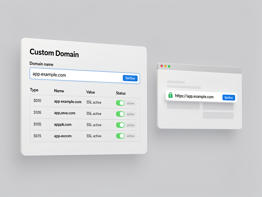 Configuration interface showing custom domain settings with DNS record instructions, SSL certificate status indicators showing green checkmarks for verified domains, and a preview of how the custom domain will appear to end users