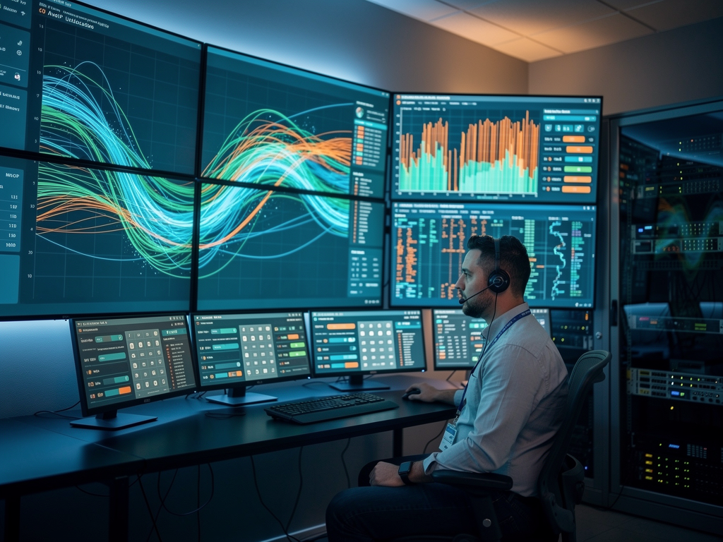 Network administrator examining bandwidth utilization graphs on multiple monitors in a modern control room, with colorful traffic analysis charts showing data flow patterns across the enterprise network, professional lighting illuminating the technical workspace