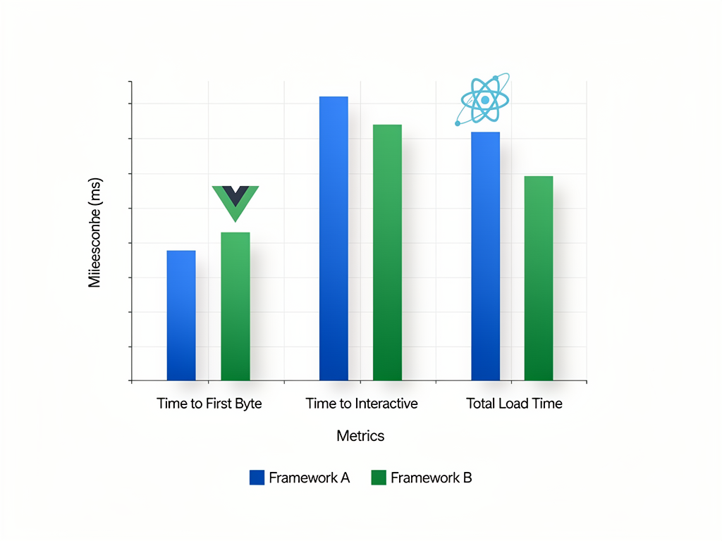 Performance benchmark chart displaying time-to-first-byte and time-to-interactive metrics for identical SaaS dashboard pages rendered by Next.js and Nuxt, showing bar graphs with millisecond measurements against a clean white background with blue and green color coding