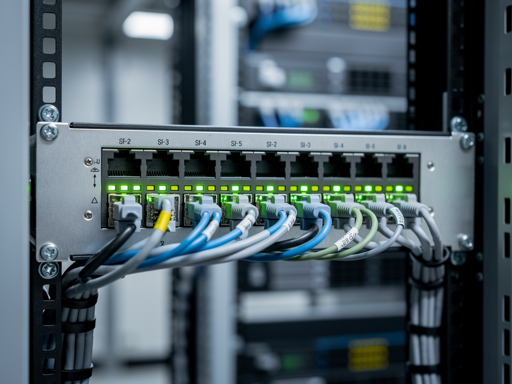 Close-up view of enterprise network switch with fiber optic cables connected, green LED status lights glowing, mounted in a professional server rack with organized cable management in a climate-controlled data center