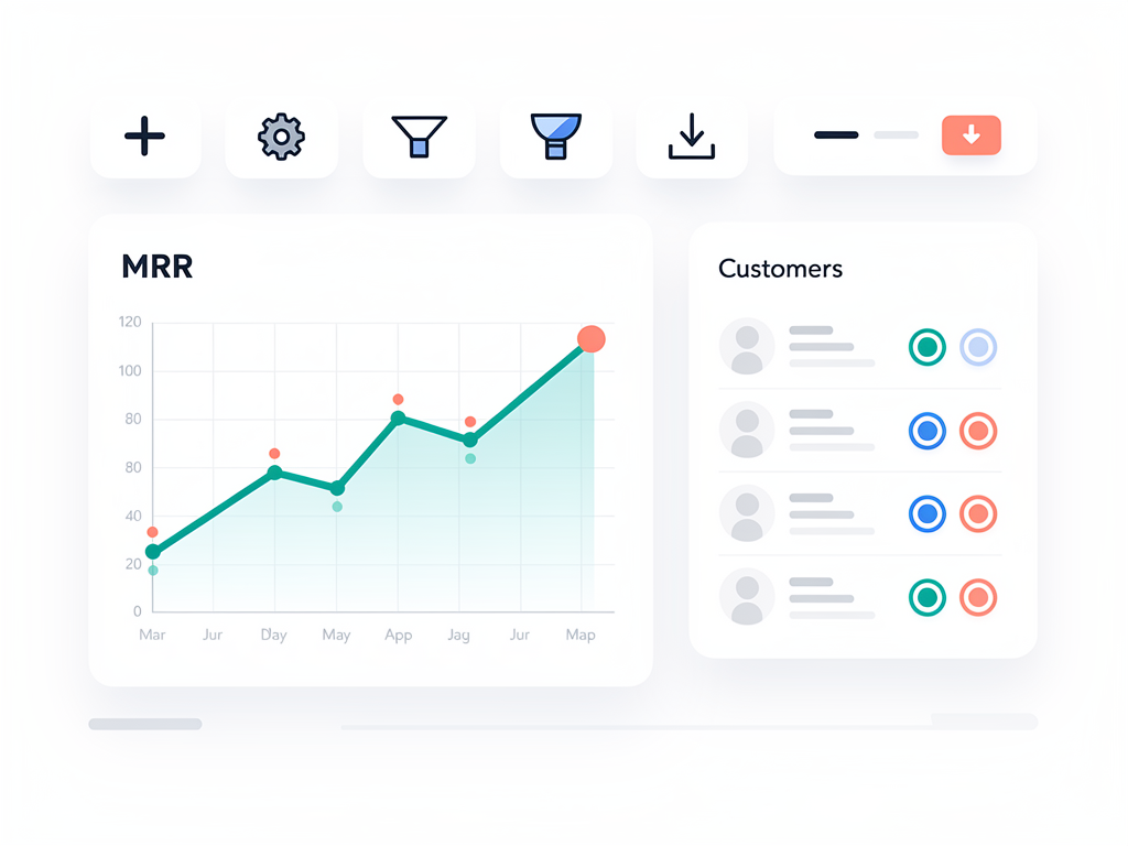 Administrative dashboard interface showing subscription analytics with MRR chart, customer table with search and filter options, and quick action buttons for common support operations