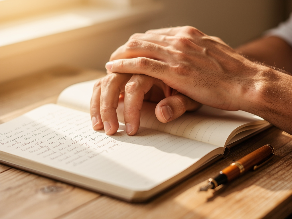 A close-up of hands gently resting on a notebook and pen on a wooden desk, suggesting journaling or reflective writing, with soft natural lighting creating a peaceful, therapeutic atmosphere