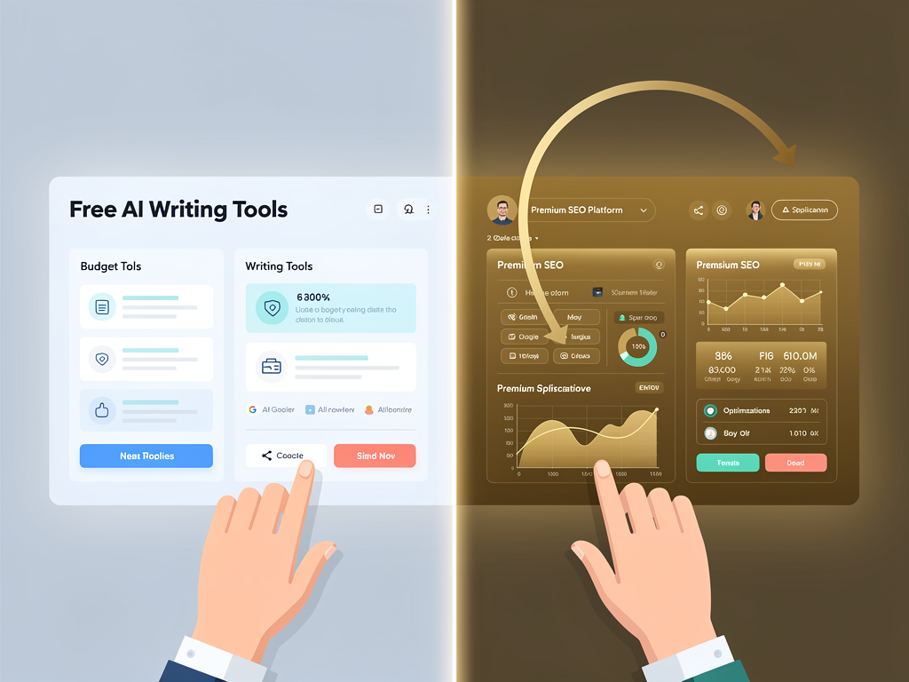 A split-screen visualization showing free AI tools on one side and premium SEO platforms on the other, connecting workflow arrows between them, modern digital workspace aesthetic, balanced composition suggesting strategic combination of both approaches
