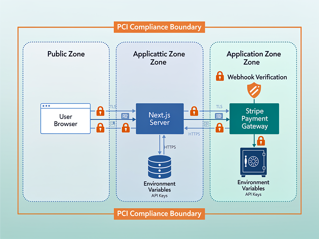 Security architecture diagram showing the flow of payment data through a Next.js application with Stripe integration, highlighting encryption points, API key management, webhook verification, and PCI compliance boundaries with clear visual separation of secure and application zones