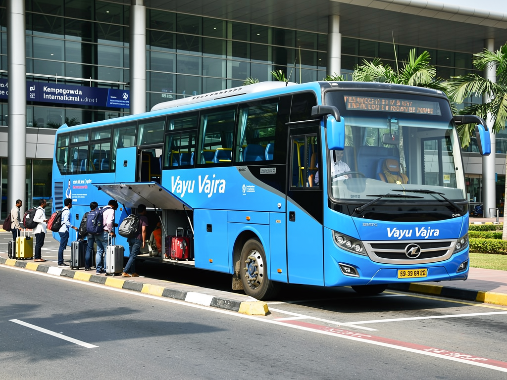 A modern BMTC Vayu Vajra Volvo bus in distinctive blue color parked at Kempegowda International Airport terminal, with passengers boarding through the front door and luggage compartments open below, bright daylight illuminating the scene