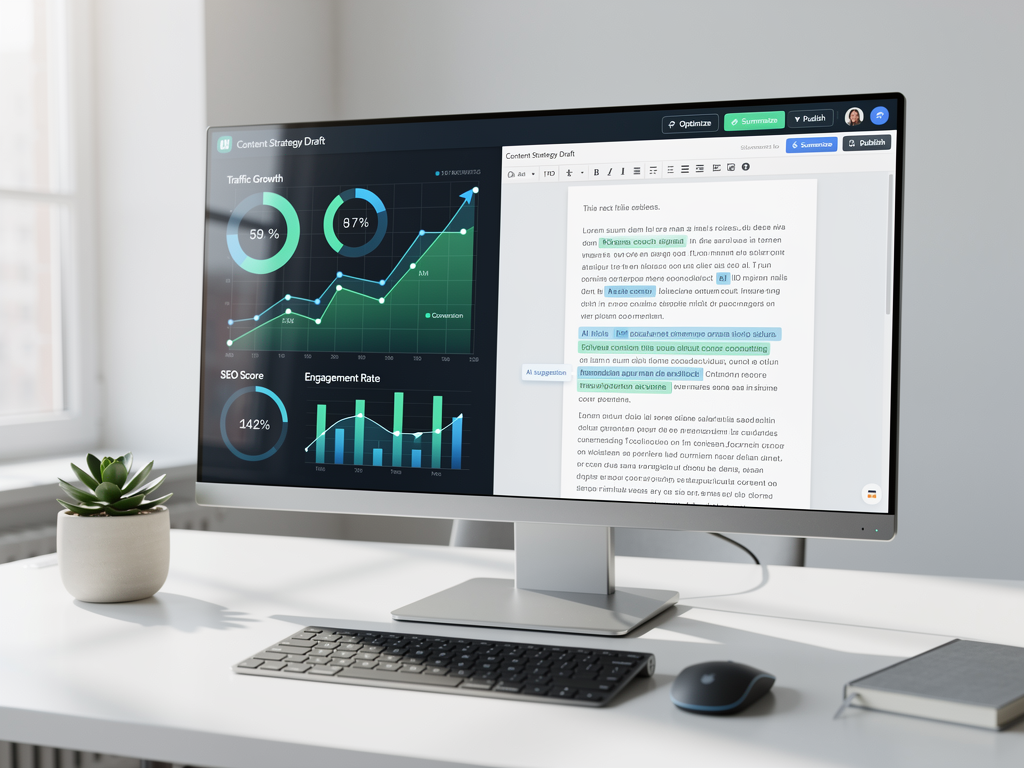Split-screen visualization showing SEO analytics dashboard on one side with keyword rankings, traffic graphs, and optimization scores, and a blog post editor on the other side with real-time SEO suggestions highlighted, clean interface design with blue and green accent colors indicating positive metrics