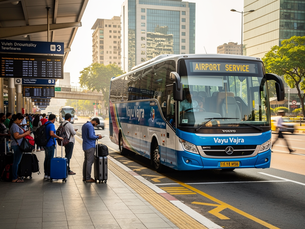 A modern BMTC Vayu Vajra Volvo airport coach parked at a busy urban bus station during daytime, with passengers waiting nearby and city buildings visible in the background, bright natural lighting creating a welcoming atmosphere