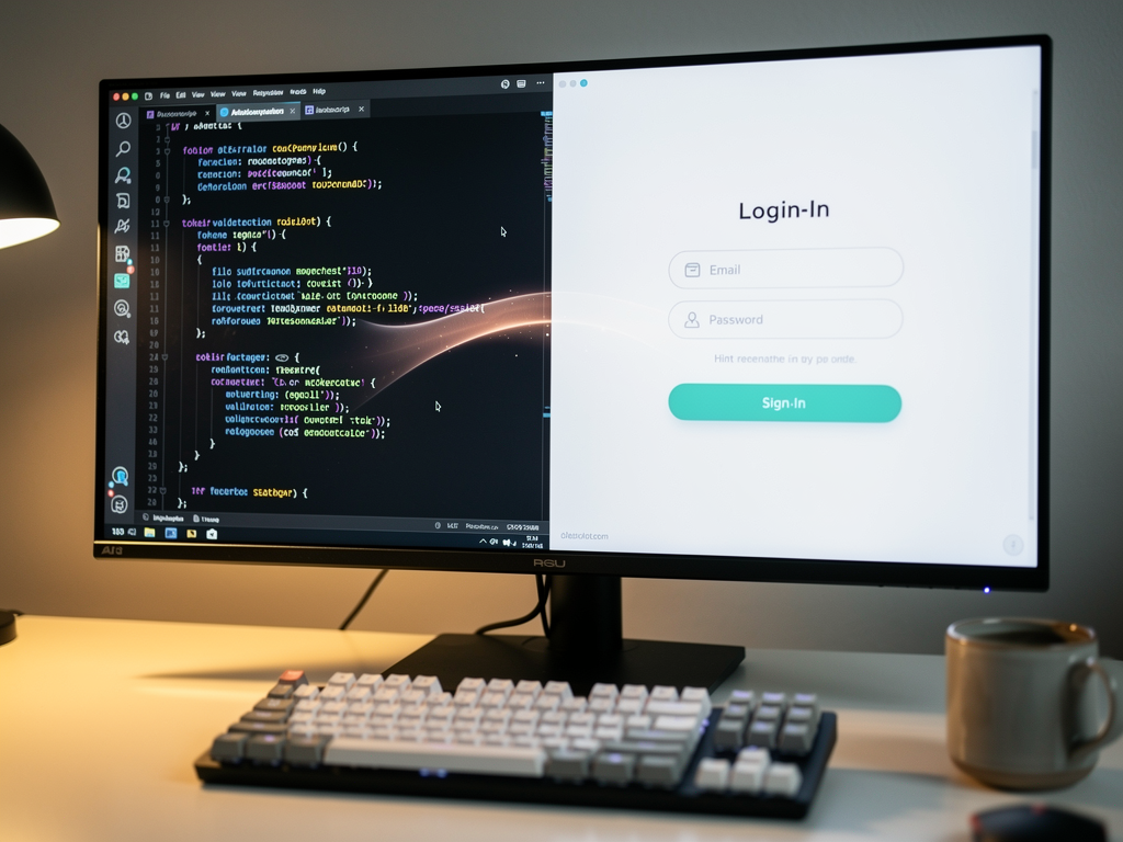 Split-screen comparison showing code editor on one side with Next.js authentication middleware and a login form preview on the other side, demonstrating the connection between backend security code and frontend user experience