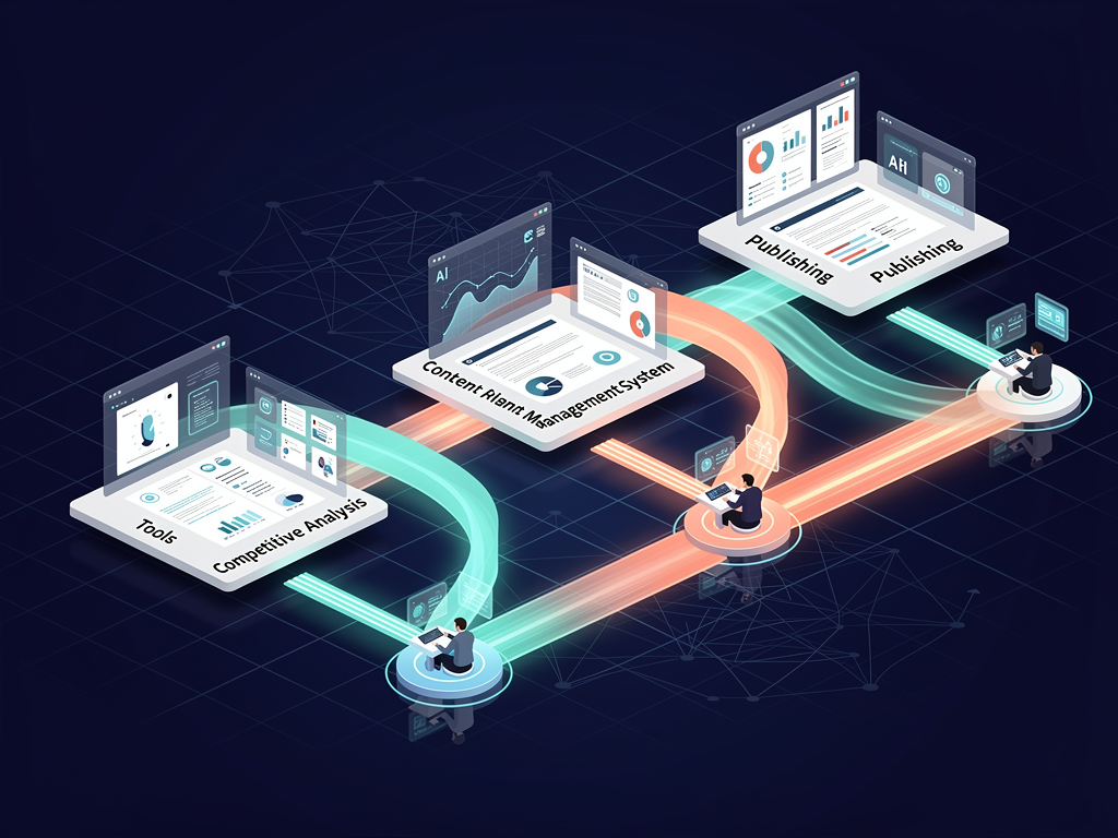 Workflow automation diagram showing integration between AI competitive analysis tools, content management systems, and publishing platforms, with data flowing between systems and human review checkpoints at strategic decision points
