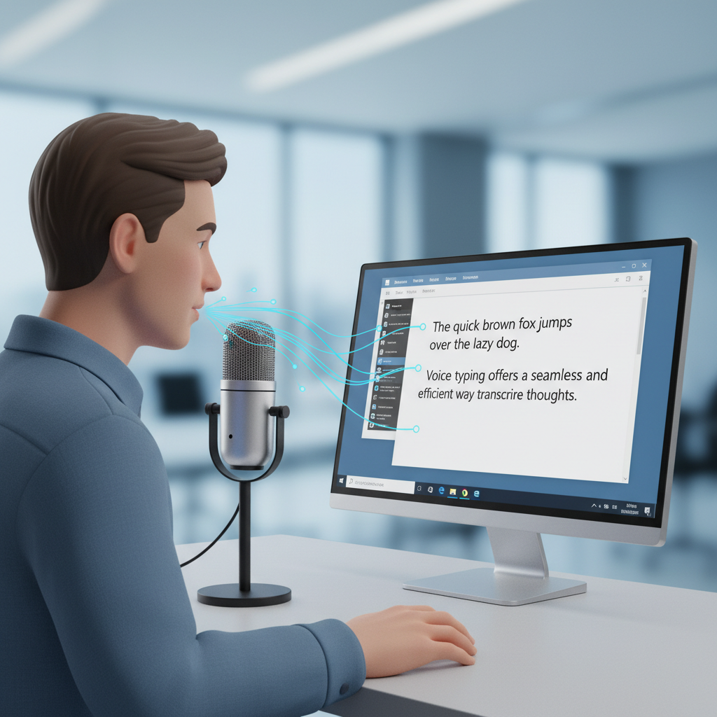A user dictating into a microphone, with their spoken words instantly appearing as typed text in a document on their Windows PC, demonstrating voice typing functionality