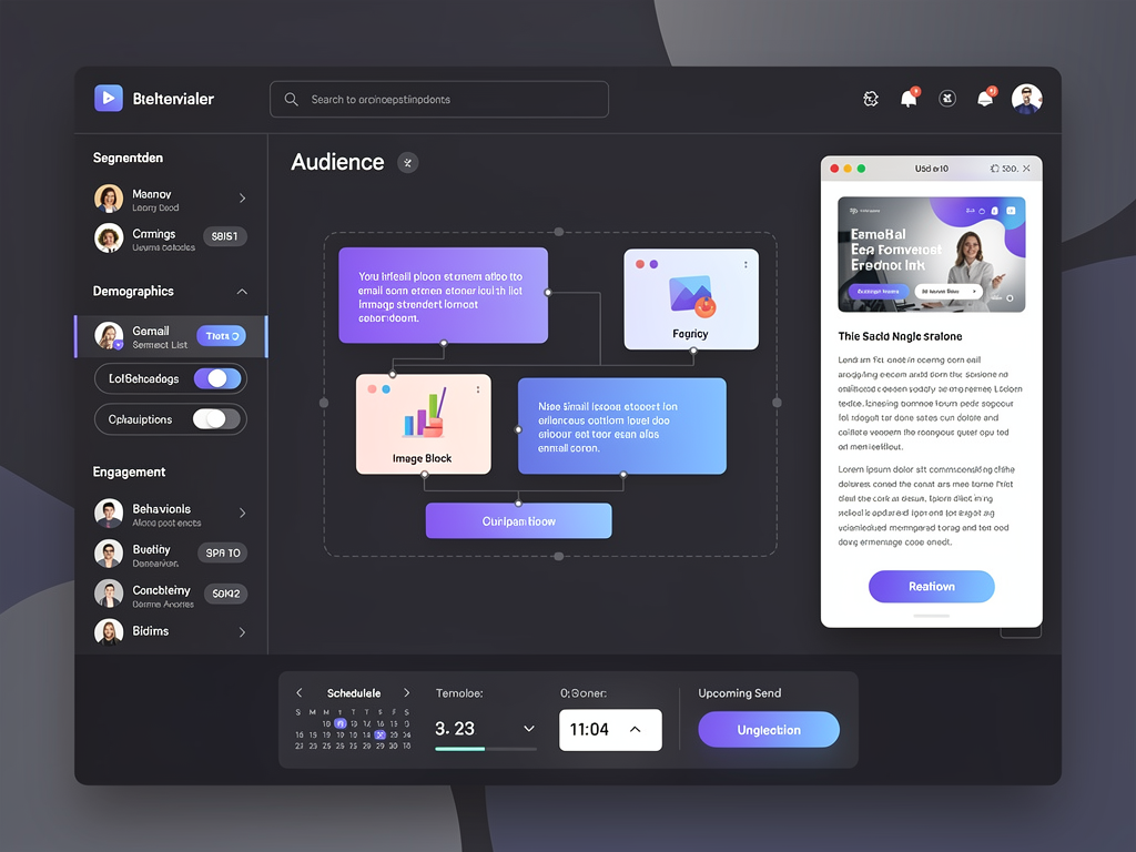 Email campaign builder interface showing drag-and-drop template editor with preview pane, audience segmentation options, and scheduling controls, displayed in a modern dark-themed dashboard design